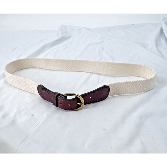 Vintage Cream Cotton Canvas Brown Leather Trim Belt With Brass Buckle Mens 34 - Picture 1 of 6
